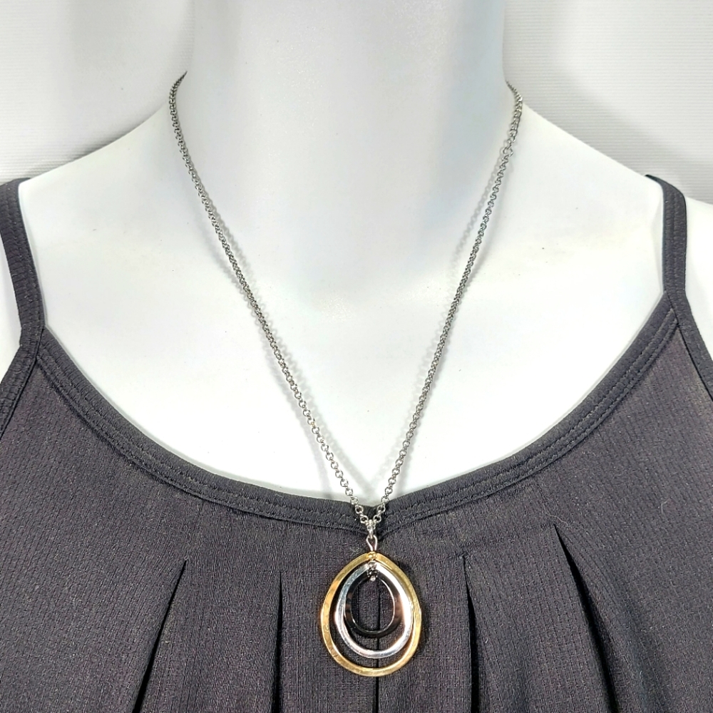 STEEL Multi Tone Silver Gold Black Teardrop Pendant Chain Necklace